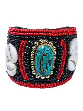 Handmade Beaded Cuff Bracelet Red & Black Seed Beads, Cowrie Shells, Turquoise